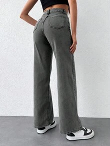 EURMUSE 100%Cotton Solid Slant Pocket Casual Straight Leg Jeans - Grey - View 2