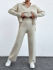 EURMUSE 2pcs/Set Solid Color Turn-Down Collar Sweater And Long Pants Outfit - Beige - View 5