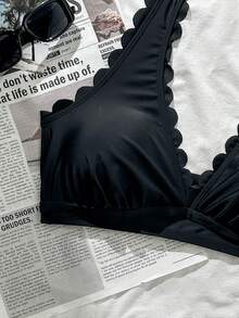 Swim Lushoire 大码女士性感露背花卉饰边夜店泳衣上装 - 黑色 - 查看 3