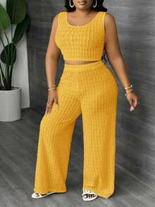 Slaydiva 大码纯白色长款休闲背心和阔腿裤两件套，春夏款 - 鵝黃色 - 查看 5