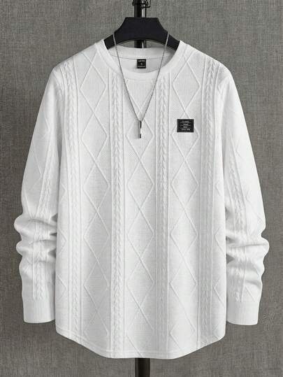 NEON BLANC Men's Applique Round Neck Solid Color Knit Casual Long Sleeve T-Shirt