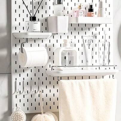 Sản phẩm gia dụng bán chạy nhất, Tấm bảng nhựa treo tường không cần khoan, 1 chiếc, bộ phụ kiện kết hợp đa năng, tấm bảng lưu trữ đa năng kèm nhiều hộp đựng và móc kim loại, thích hợp cho bàn làm việc trong gara/ nhà bếp/ văn phòng/ phòng thủ công/ phòng tắm (28*28cm)