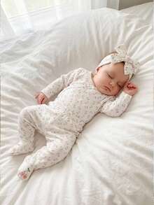 3pcs Newborn Baby Girls Cherry Print Outfit Set - Cherry Embroidered Smile Footie Pants And Headband - White - View 1