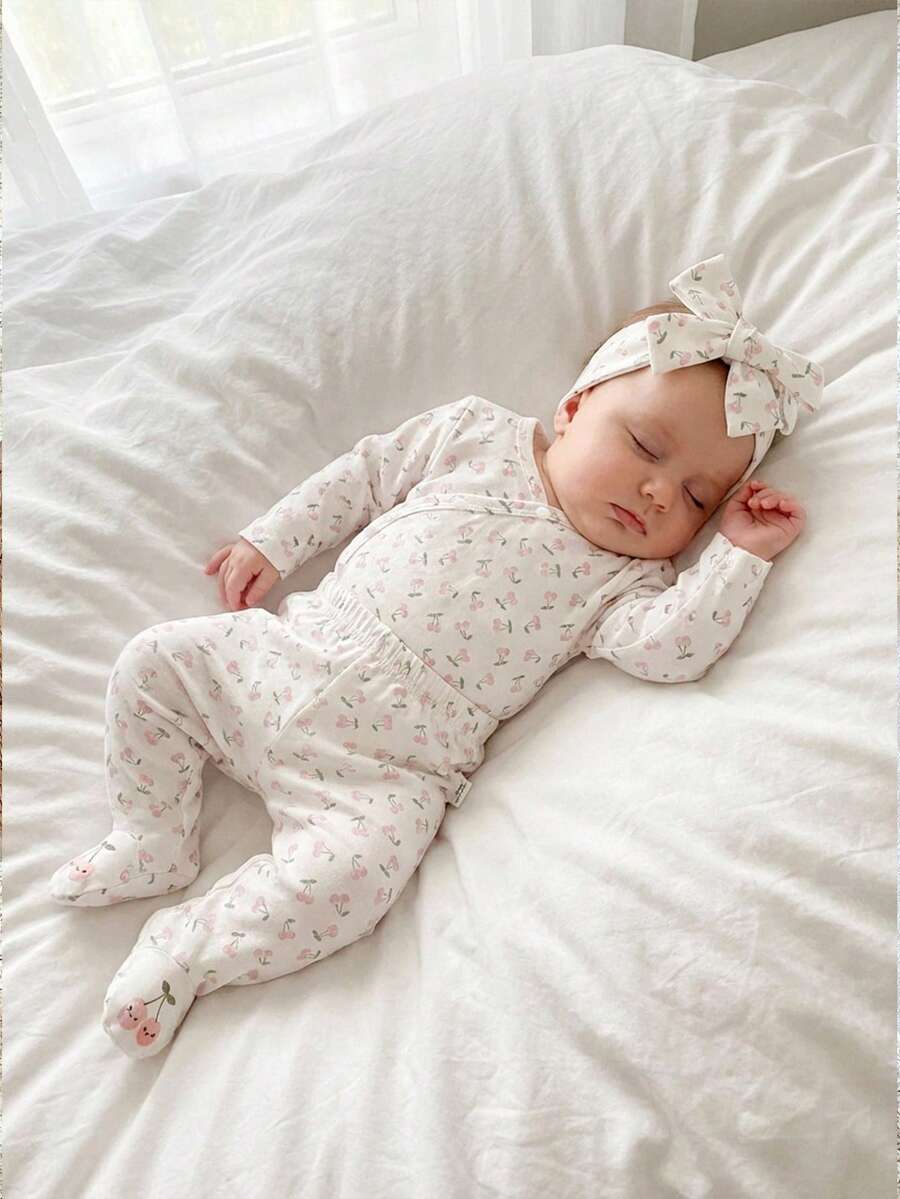 3pcs Newborn Baby Girls Cherry Print Outfit Set - Cherry Embroidered Smile Footie Pants And Headband - White - View 1