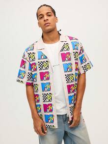 MTV | SHEIN Men's Casual Fashion Street Full-Width Letter Print Lapel Collar Short Sleeve Shirt, Summer - Hot Pink - View 1