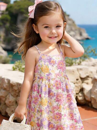 1件女婴6个月-2-3岁碎花彩色图案无袖撞色连衣裙，轻薄面料，清新风格吊带裙，适合春夏外出穿着