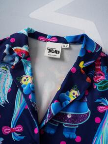 SHEIN Trolls Young Girl Cute Cartoon All-Over Print Short Sleeve Shirt And Pants Pajama Set - Navy Blue - View 6