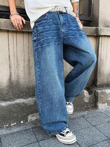 Manfinity EMRG 男士休闲日常水洗斜插口袋宽松牛仔裤 - 中等水洗藍 - 查看 4