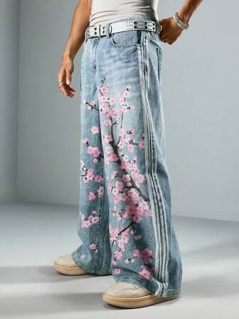 Street Life Jeans casuales holgados con estampado floral para hombres