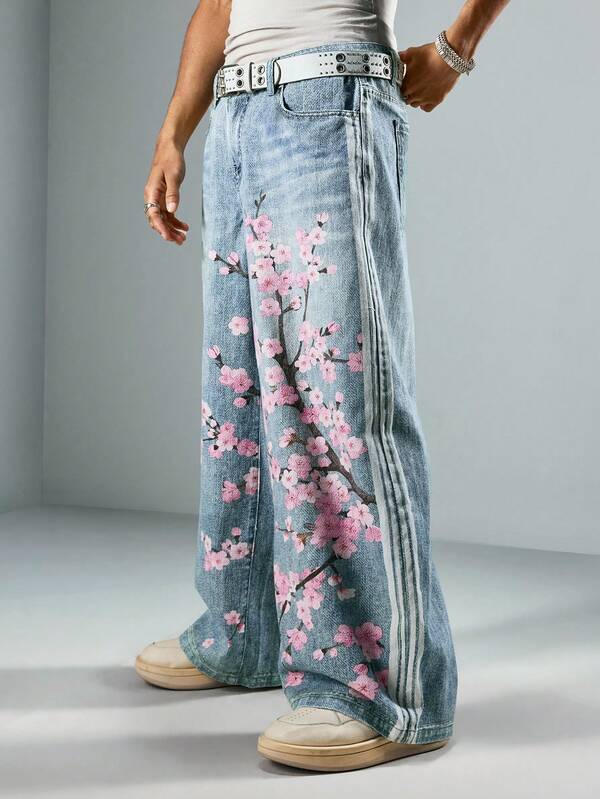ROMWE MEN Anime Spring Casual Graphic Men'S Loose Casual Floral Print Jeans