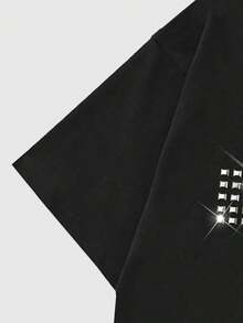 ROMWE MEN 男士休闲宽松黑色T恤，饰有十字铆钉图案，适合日常穿着和通勤，夏季款 - 黑色 - 查看 3