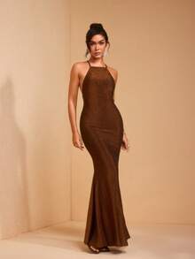 JIAN LASALA Đầm maxi ôm sát cơ thể dành cho nữ, lấp lánh, cổ yếm, buộc dây sau lưng, kiểu dáng thanh lịch, thích hợp cho tiệc tùng. - màu nâu - Xem 6