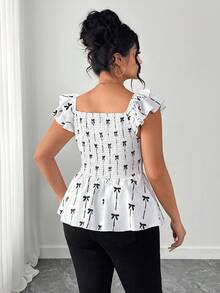 Elenzga Plus Size Women's Semiria Style Butterfly Print Layered Ruffle Backless Blouse,  Day - Multicolor - View 2