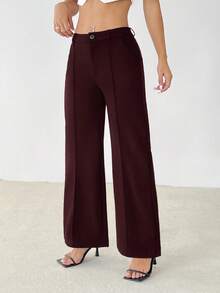 SHEIN PETITE Quần tây nữ ống đứng, màu trơn, có túi chéo phía trước. - Màu đỏ tím - Xem 3