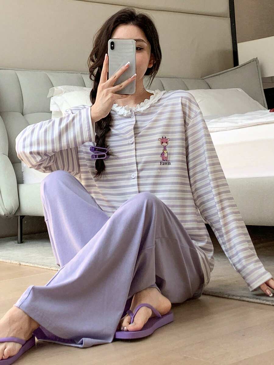 DAZY 2件套女士可爱长颈鹿印花条纹宽松开衫长袖套装和直筒长睡裤套装，春秋季 - 淡紫色 - 查看 1