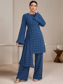 Graceveil 女士不对称下摆上衣和裤子套装，提花阿拉伯风格服装 - 霧霾藍 - 查看 4