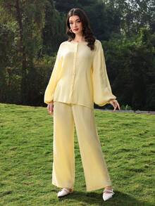 Mulvari 2pcs/Set Front Button Cotton Shirt & Loose Fit Long Pants, Yellow Butter Yellow Set Yellow Sets For Women - Yellow - View 7