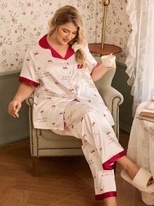CottageSlumber Conjunto de pijama de seda sintética con estampado de moño y contraste de color en talla grande - Multicolor - Ver 1