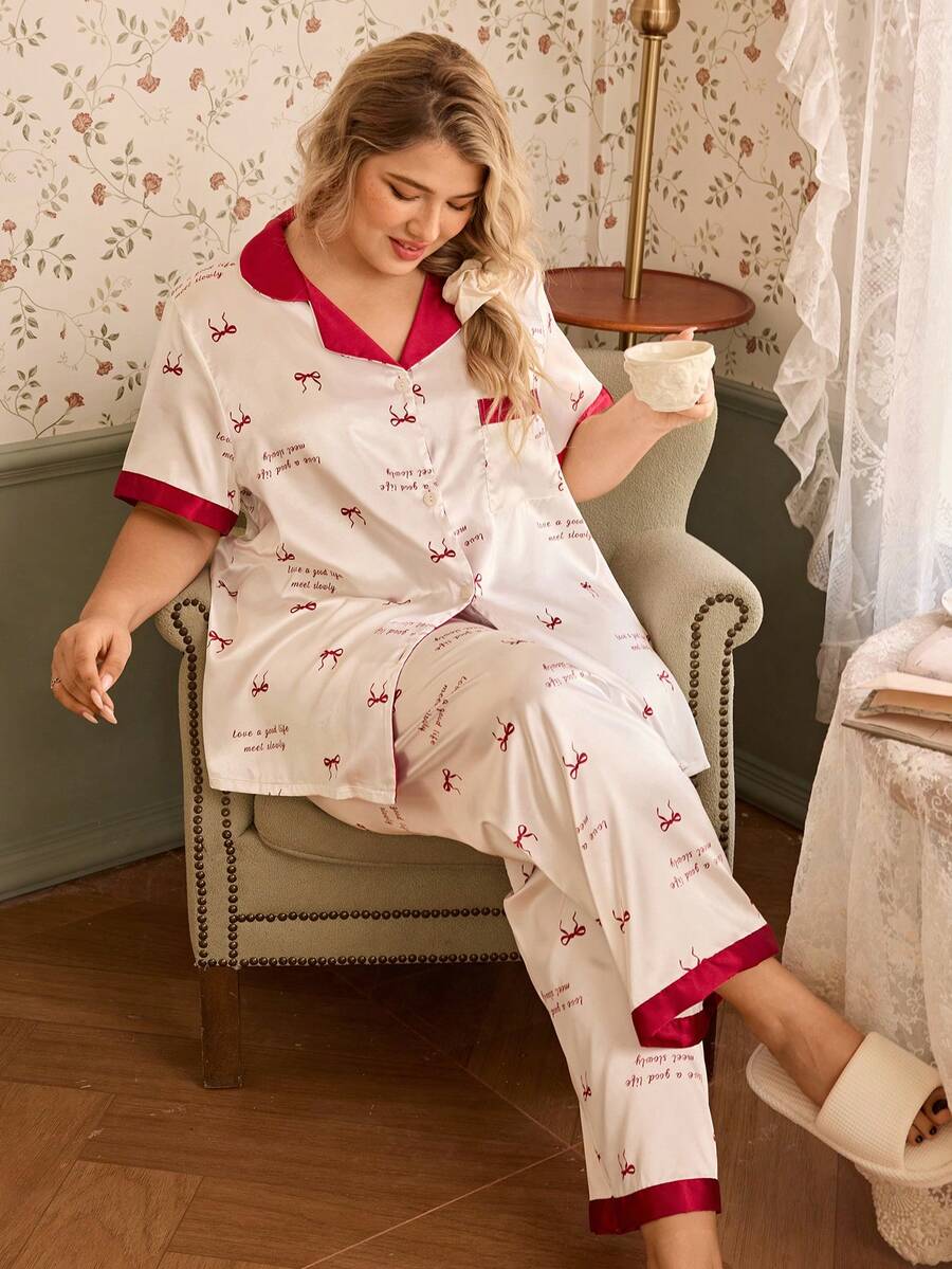 CottageSlumber Conjunto de pijama de seda sintética con estampado de moño y contraste de color en talla grande - Multicolor - Ver 1