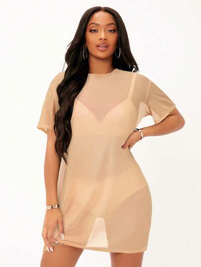 SHEIN SXY Women's Solid Color Round Neck Short Sleeve Mesh Sheer Fashion Dress