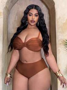 Slaydiva Plus Size Elegant Vacation Tie-Up Swimsuit Set - Brown - View 6