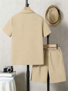 2pcs/Set Fashionable Casual Shirt Outfit For Teen Boys, Spring/Summer, Includes Printed Shirt And Pants, European And American Youth Daily Wear And Social Occasions - Apricot - View 2