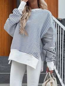 EMERY ROSE 女士条纹落肩长袖宽松休闲圆领开衩卫衣 - 黑色 - 查看 4