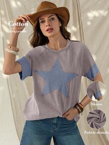 Wildy BOHO Lässiges amerikanisch-westliches Vintage Distressed Stern Muster Kurzarm T-Shirt, Basic für Frühling/Sommer Alltag, Pendeln - Verschiedenfarbig - Übersicht 4