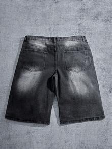 Manfinity ZONE917 男士休闲水洗阔腿牛仔短裤 - 深灰色 - 查看 6