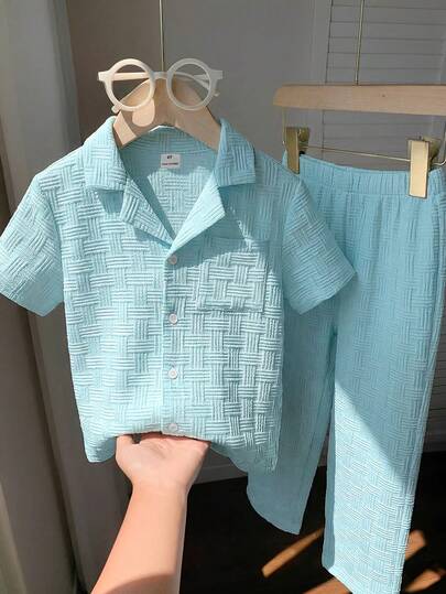 SHEIN Bộ 2 món gồm áo cardigan tay ngắn cổ bẻ màu trơn và quần ống rộng cho bé trai, thích hợp mặc vào mùa xuân, hè, thu, ở nhà, đi chơi, đi học.