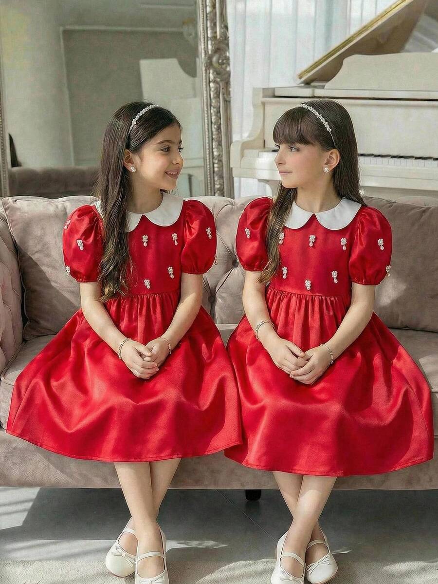 SHEIN Tween Girls' Colorblock Doll Collar Puff Sleeve Faux Pearl Bowknot Waist Party Dress, Summer Red Dress - Red - View 1