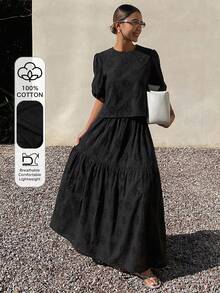 DAZY 2pcs Women Casual Lace Hollow Puff Sleeve Top And Skirt Set, Autumn/Winter