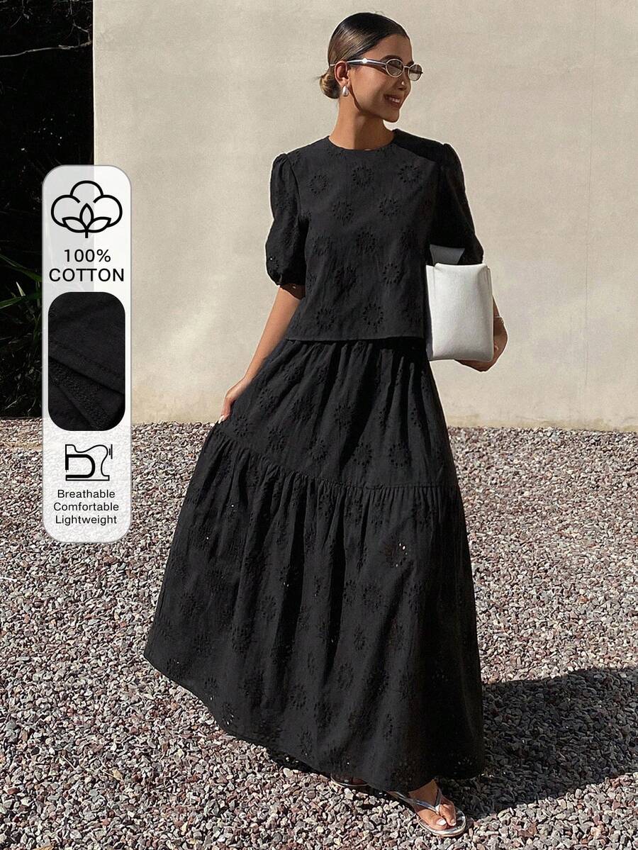 DAZY 2pcs Women Casual Lace Hollow Puff Sleeve Top And Skirt Set, Autumn/Winter