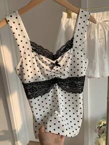 SHEIN EZwear Áo hai dây ren chấm bi trắng, thích hợp cho mùa xuân/hè. - trắng - Xem 5