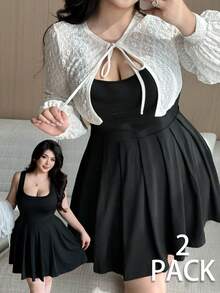 Vibekara Plus Size Women Solid Color Casual Sleeveless Dress And Cover Up Top 2 Piece Set - Black - View 1
