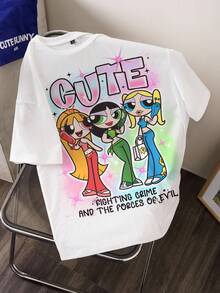 THE POWERPUFF GIRLS X SHEIN Women's Blossom, Bubbles, Buttercup Pattern Round Neck Short Sleeve T-Shirt - White - View 1