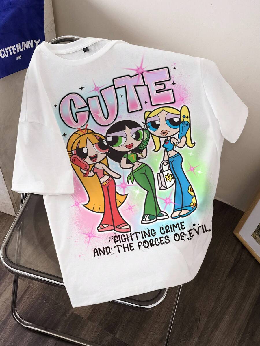 THE POWERPUFF GIRLS X SHEIN Women's Blossom, Bubbles, Buttercup Pattern Round Neck Short Sleeve T-Shirt - White - View 1