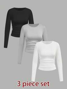 SHEIN Tall Bộ 3 Áo thun tay dài đơn giản, dễ mặc, đa năng cho nữ ngày lễ tình nhân, mùa thu và đông - Đen và trắng - Xem 2