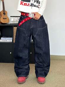 STEELVANCE Street Fashion Shoes Print 3D Rivet Design Simple Solid Color Versatile Loose Wide-Leg Jeans Rave - Blue Black - View 3