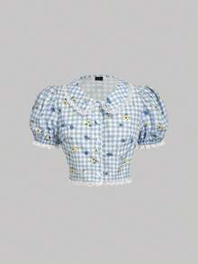 SHEIN MOD Camisa casual de mujer a cuadros de manga corta, para verano, vacaciones, estilo retro, vintage, campestre, salir, maestro, cita, picnic, fiesta, baile de graduación, uso en cumpleaños, estilo cottage, té, estilo francés - Azul y blanco - Ver 2