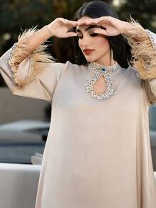 Layrah Handmade Rhinestone & Feather Trim Loose Arabic Maxi Dress - Apricot - View 3