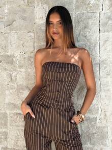 Aloruh Coffee Striped Bandeau Top + Straight Leg Pants Elegant Commuter 2 Pieces Set - Coffee Brown - View 1