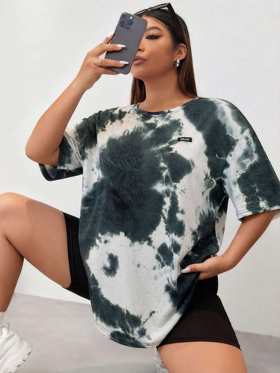 SHEIN EZwear 大码女式扎染圆领短袖休闲宽松百搭T恤 - 彩色 - 查看 1
