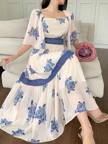 SHEIN Vestido de maternidad de moda con estampado, cuello cuadrado, para verano - Multicolor - Ver 9