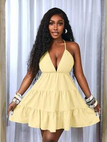 BamGleam Women's Vacation Solid Color Ruffle Hem Sexy Halter Backless Tie Strap Dress - Light Yellow - View 3