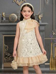 SHEIN Young Girl Elegant Big Bowknot Decor Ruffle Hem Sleeveless A-Line Lace Dress, Gorgeous Princess, - Champagne - View 2