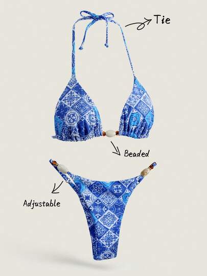 Elavelle Springbreak Women's Random Print Halter Ruched Beaded Sexy Bikini Swimsuit Set, Summer Beachwear Outfits