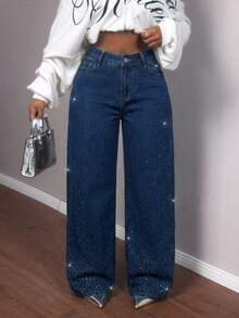 Slaydiva Women's High Waist Pockets Rhinestone Embellished Wide Leg Loose Fit Jeans - Medium Wash - View 5