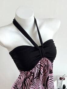 Elamini Đầm thời trang nữ cổ yếm xếp ly phối màu họa tiết da báo - Hồng - Xem 3