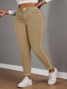 Slaydiva Plus Size Women Cowgirl Style Elastic Waist Blue Punk Jeans With Side Rivet Details, Autumn - Khaki - View 3